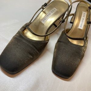 Ann Marino Heels Women's 6M Black Golden Shimmer Square Toe Adjustable Strap